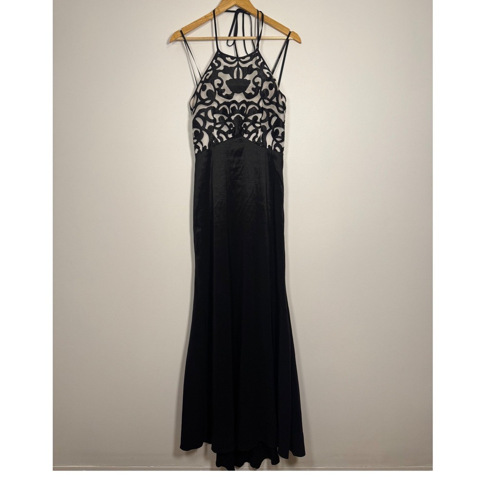 Vintage Y2K Masquerade Embroidered Halter Gown Women 7/8 Black Cream 7890094